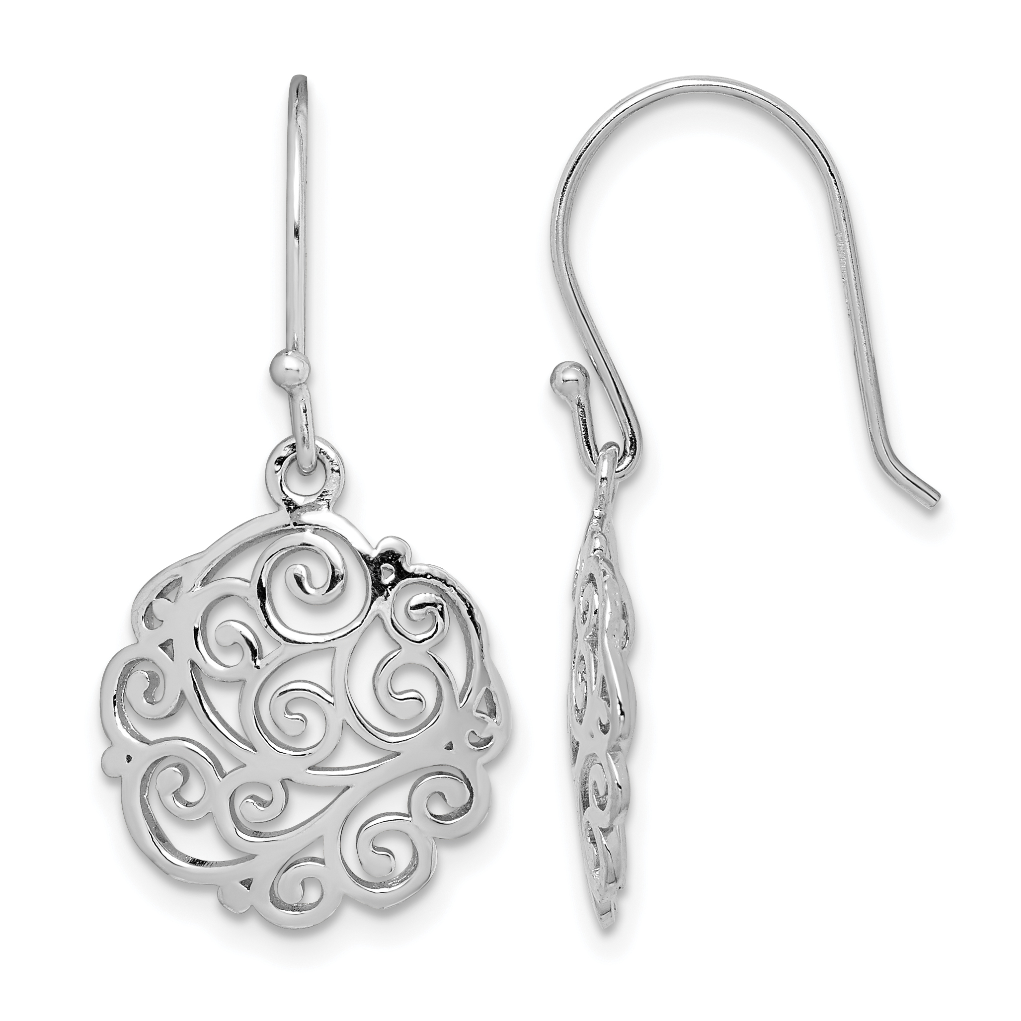 Sterling Silver Rhodium-plated Polished Filigree Circle Dangle Earrings (QE15139)