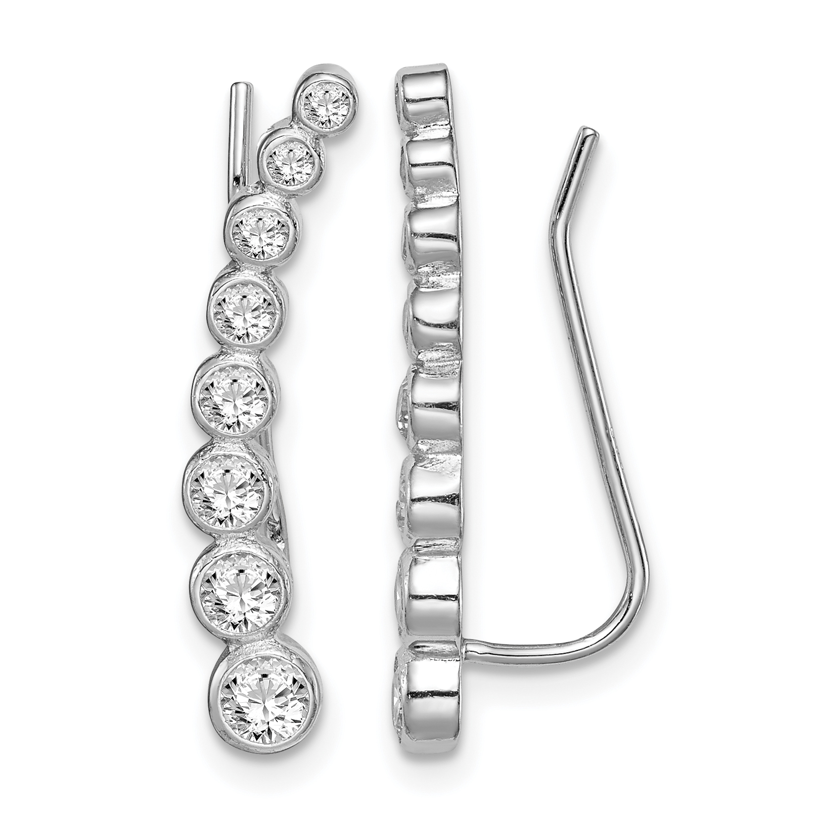 Sterling Silver Rhodium-plated Polished Graduated CZ Ear Climber Earrings (QE15146)