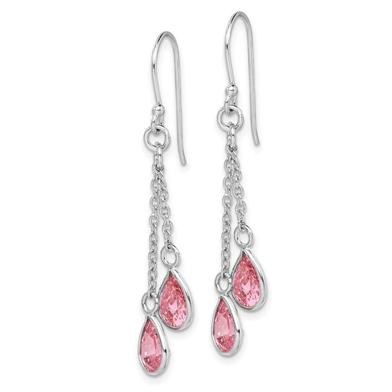 Sterling Silver RH-plated Multi-Strand Pink CZ Teardrop Dangle Earrings