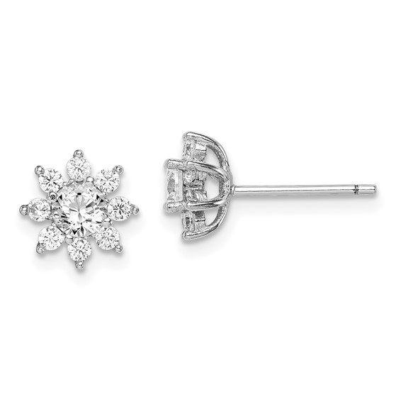 Sterling Silver Rhodium-plated Polished CZ Flower Post Earrings