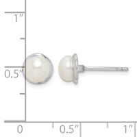 Sterling Silver Rhodium-plated 6-7mm White Button Freshwater Cultured Pearl Post Earrings view 4