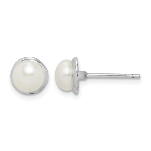 Sterling Silver Rhodium-plated 6-7mm White Button Freshwater Cultured Pearl Post Earrings