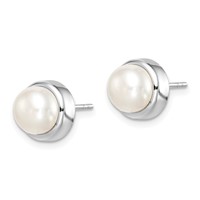 Sterling Silver Rhodium-plated 7-8mm White Button Freshwater Cultured Pearl Post Earrings view 2