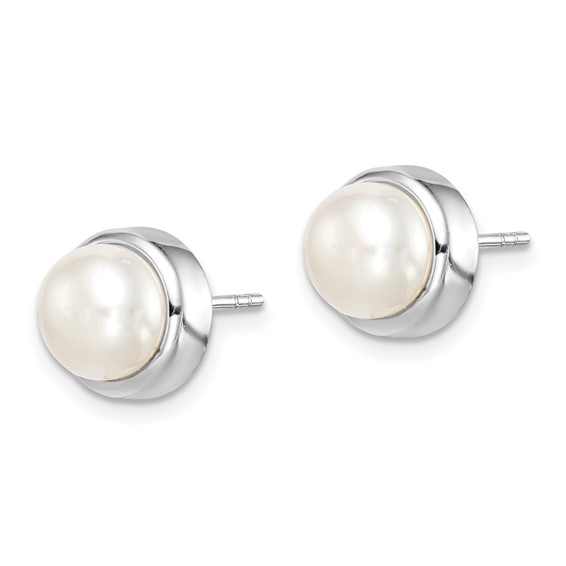 Sterling Silver Rhodium-plated 7-8mm White Button Freshwater Cultured Pearl Post Earrings