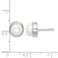 Sterling Silver Rhodium-plated 7-8mm White Button Freshwater Cultured Pearl Post Earrings view 4