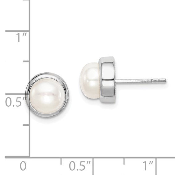Sterling Silver Rhodium-plated 7-8mm White Button Freshwater Cultured Pearl Post Earrings