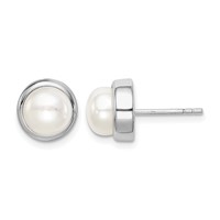 Sterling Silver Rhodium-plated 7-8mm White Button Freshwater Cultured Pearl Post Earrings view 1