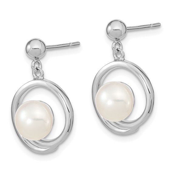 Sterling Silver Rhodium-plated 7-8mm White Button Freshwater Cultured Pearl Post Dangle Earrings