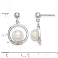 Sterling Silver Rhodium-plated 7-8mm White Button Freshwater Cultured Pearl Post Dangle Earrings view 4