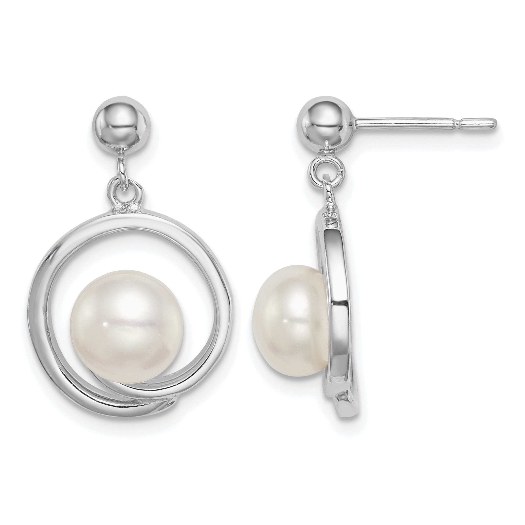 Sterling Silver Rhodium-plated 7-8mm White Button Freshwater Cultured Pearl Post Dangle Earrings (QE15180)