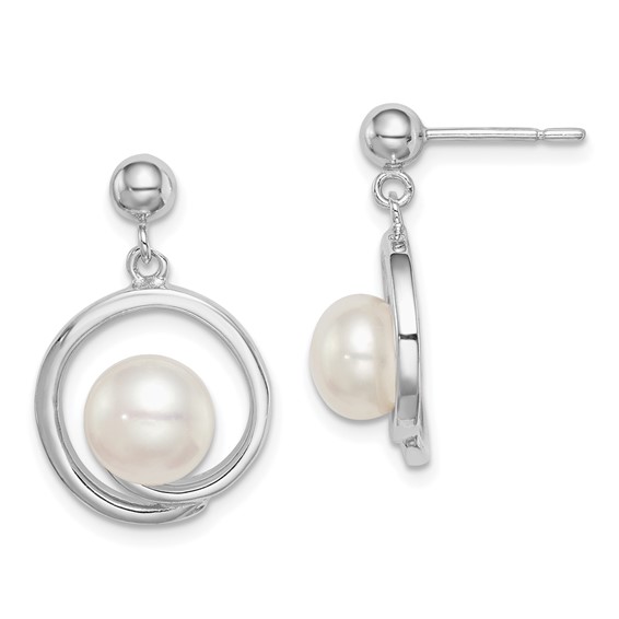 Sterling Silver Rhodium-plated 7-8mm White Button Freshwater Cultured Pearl Post Dangle Earrings