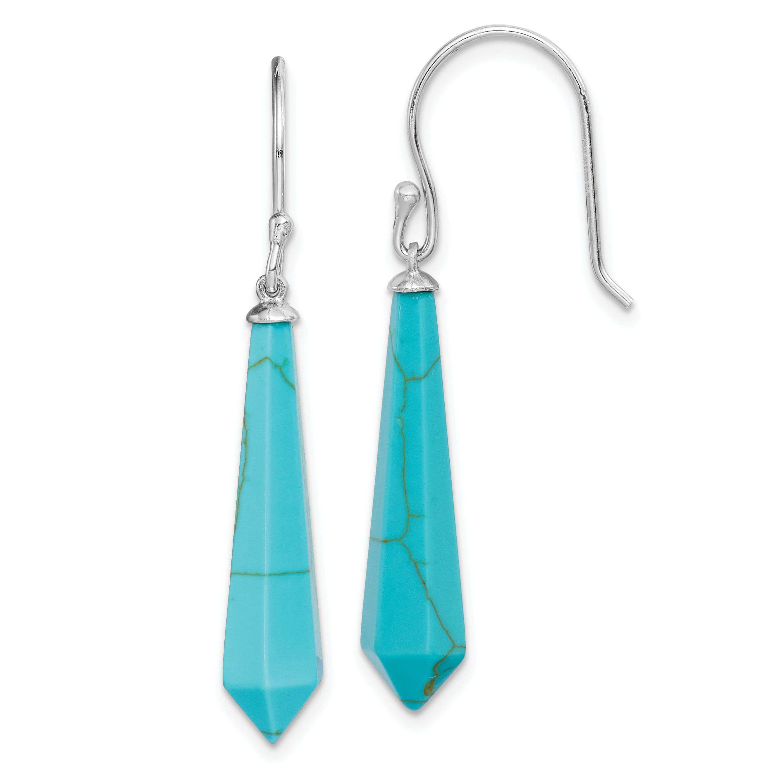 Sterling Silver RH-pltd Polished Imitation Turquoise Point Dangle Earrings (QE15186)