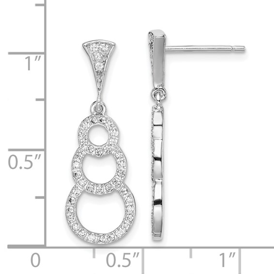 Sterling Silver Rhodium-plated CZ 3-Circles Dangle Post Earrings