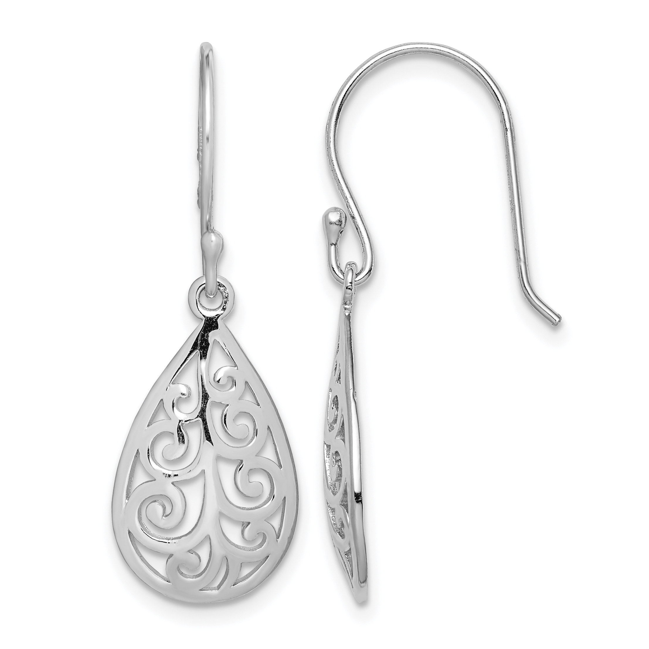 Sterling Silver Rhodium-plated  Polished Filigree Teardrop Dangle Earrings (QE15190)
