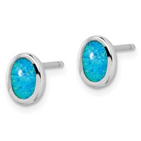 Sterling Silver RH-plated Polished Blue Created Opal Oval Stud Earrings view 2
