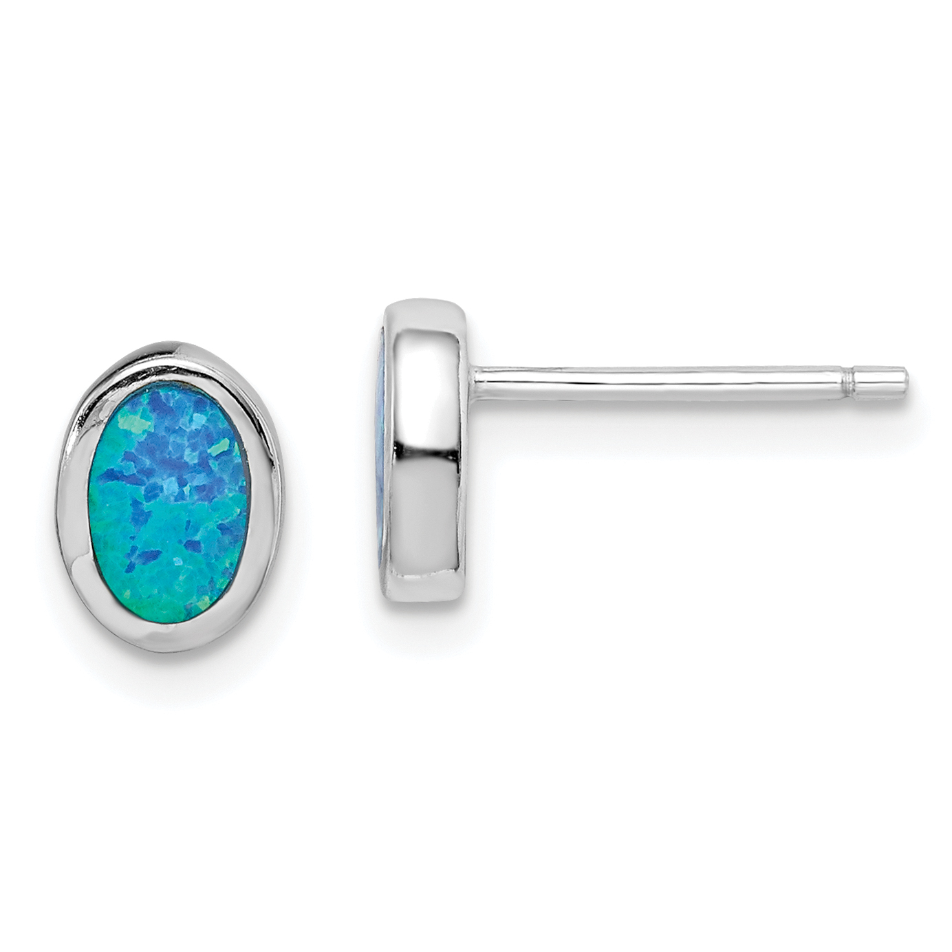 Sterling Silver RH-plated Polished Blue Created Opal Oval Stud Earrings (QE15192)