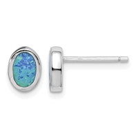 Sterling Silver RH-plated Polished Blue Created Opal Oval Stud Earrings view 1