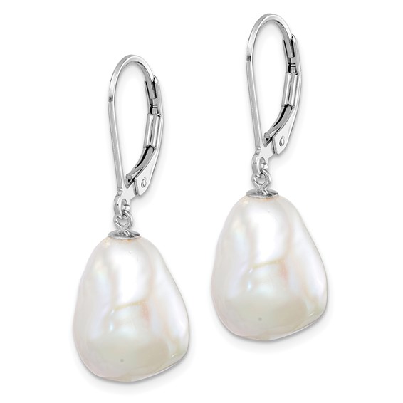 Sterling Silver Rhodium-plated 11-12mm White Keshi Freshwater Cultured Pearl Leverback Dangle Earrings