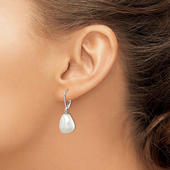 Sterling Silver Rhodium-plated 11-12mm White Keshi Freshwater Cultured Pearl Leverback Dangle Earrings