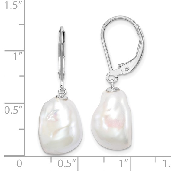 Sterling Silver Rhodium-plated 11-12mm White Keshi Freshwater Cultured Pearl Leverback Dangle Earrings