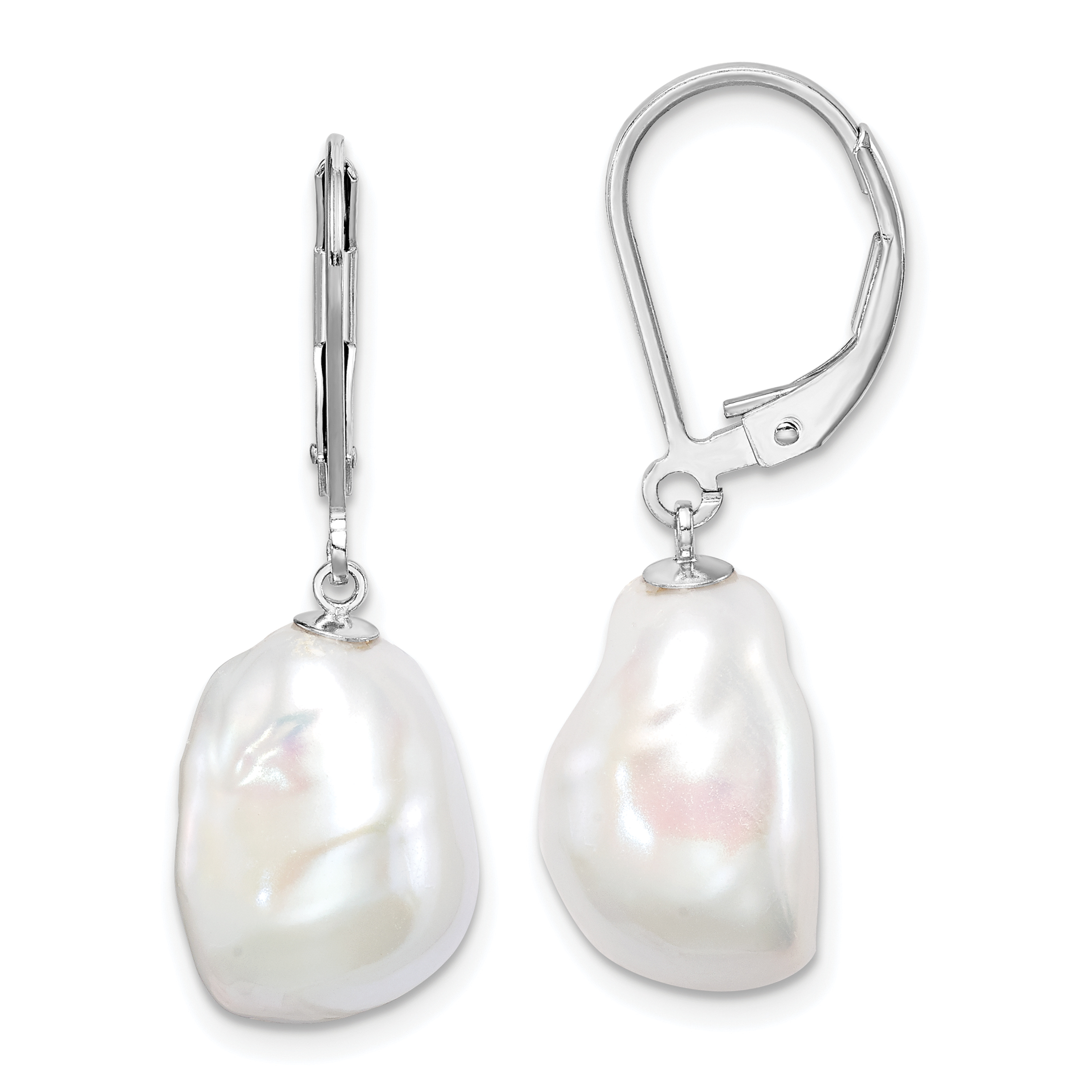 Sterling Silver Rhodium-plated 11-12mm White Keshi Freshwater Cultured Pearl Leverback Dangle Earrings (QE15197)