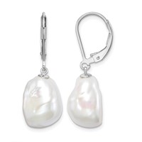 Sterling Silver Rhodium-plated 11-12mm White Keshi Freshwater Cultured Pearl Leverback Dangle Earrings view 1