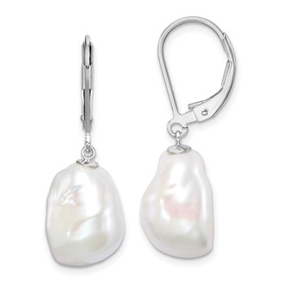 Sterling Silver Rhodium-plated 11-12mm White Keshi Freshwater Cultured Pearl Leverback Dangle Earrings