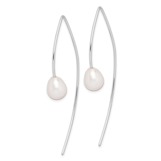 Sterling Silver Rhodium-plated 8-9mm White Teardrop Freshwater Cultured Pearl Threader Earrings