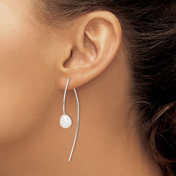 Sterling Silver Rhodium-plated 8-9mm White Teardrop Freshwater Cultured Pearl Threader Earrings