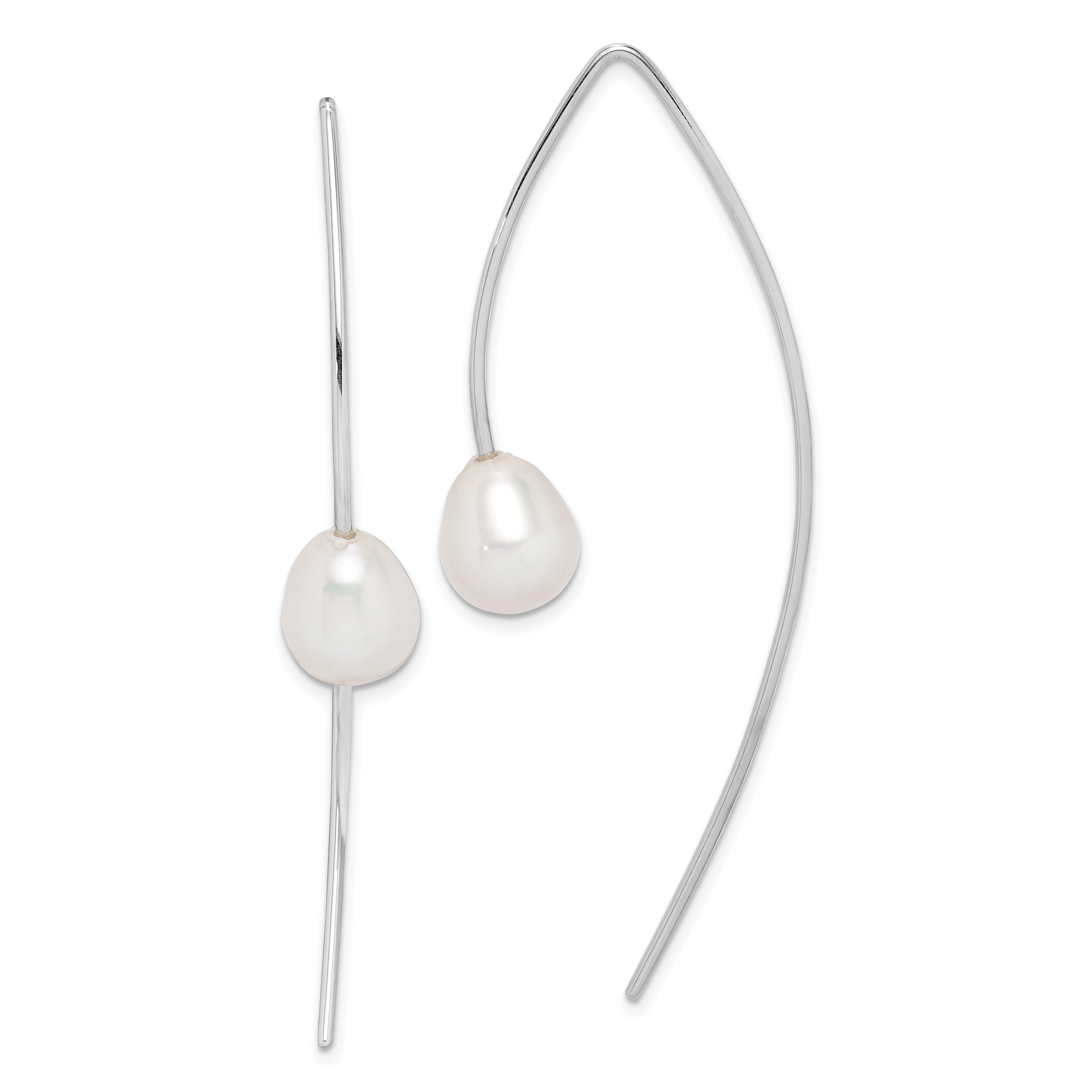 Sterling Silver Rhodium-plated 8-9mm White Teardrop Freshwater Cultured Pearl Threader Earrings (QE15199)