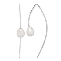 Sterling Silver Rhodium-plated 8-9mm White Teardrop Freshwater Cultured Pearl Threader Earrings view 1