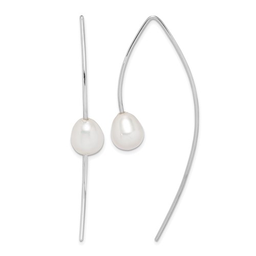 Sterling Silver Rhodium-plated 8-9mm White Teardrop Freshwater Cultured Pearl Threader Earrings