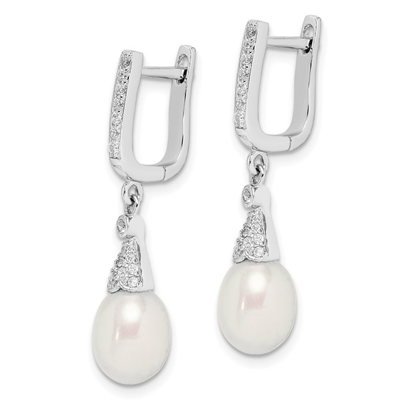 Sterling Silver Rhodium-plated 7-8mm White Rice Freshwater Cultured Pearl and CZ  Dangle Leverback Earrings
