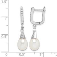 Sterling Silver Rhodium-plated 7-8mm White Rice Freshwater Cultured Pearl and CZ Dangle Leverback Earrings view 4
