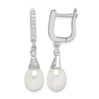 Sterling Silver Rhodium-plated 7-8mm White Rice Freshwater Cultured Pearl and CZ Dangle Leverback Earrings view 1