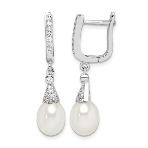 Sterling Silver Rhodium-plated 7-8mm White Rice Freshwater Cultured Pearl and CZ Dangle Leverback Earrings