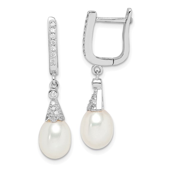 Sterling Silver Rhodium-plated 7-8mm White Rice Freshwater Cultured Pearl and CZ  Dangle Leverback Earrings