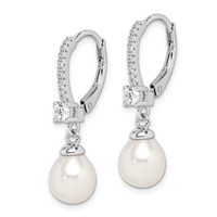 Sterling Silver Rhodium-plated 7-8mm White Teardrop Freshwater Cultured Pearl and CZ Leverback Dangle Earrings view 2