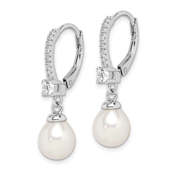 Sterling Silver Rhodium-plated 7-8mm White Teardrop Freshwater Cultured Pearl and CZ Leverback Dangle Earrings
