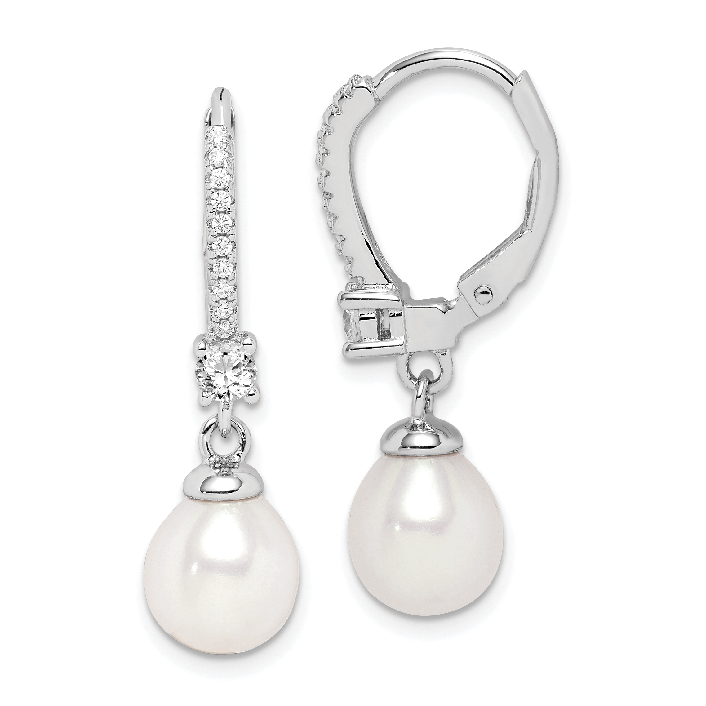 Sterling Silver Rhodium-plated 7-8mm White Teardrop Freshwater Cultured Pearl and CZ Leverback Dangle Earrings (QE15201)