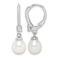 Sterling Silver Rhodium-plated 7-8mm White Teardrop Freshwater Cultured Pearl and CZ Leverback Dangle Earrings view 1