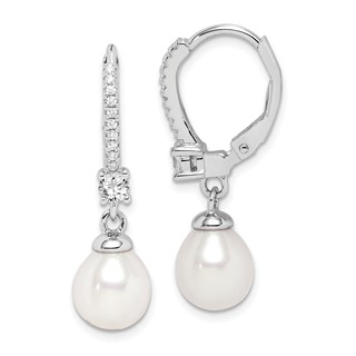 Sterling Silver Rhodium-plated 7-8mm White Teardrop Freshwater Cultured Pearl and CZ Leverback Dangle Earrings