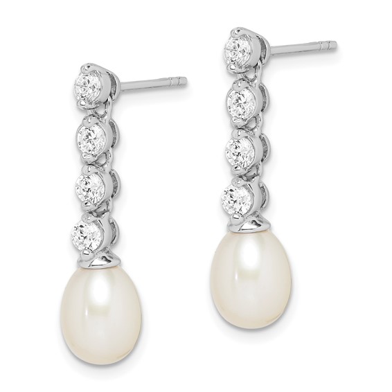 Sterling Silver Rhodium-plated 7-8mm White Rice Freshwater Cultured Pearl and CZ Post Dangle Earrings