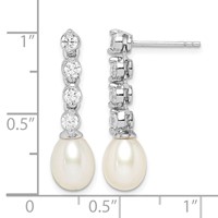 Sterling Silver Rhodium-plated 7-8mm White Rice Freshwater Cultured Pearl and CZ Post Dangle Earrings view 4