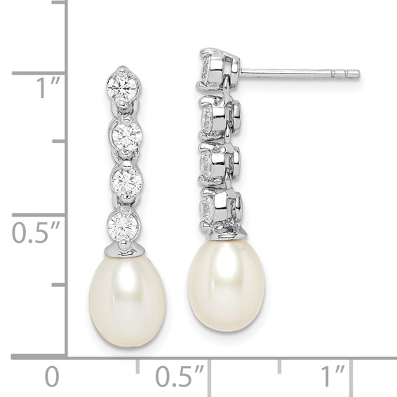 Sterling Silver Rhodium-plated 7-8mm White Rice Freshwater Cultured Pearl and CZ Post Dangle Earrings