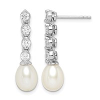 Sterling Silver Rhodium-plated 7-8mm White Rice Freshwater Cultured Pearl and CZ Post Dangle Earrings view 1