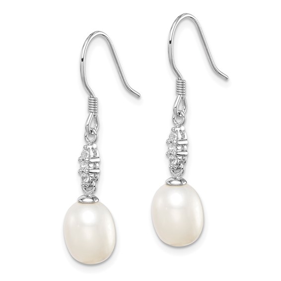Sterling Silver Rhodium-plated 7-8mm White Teardrop Freshwater Cultured Pearl and CZ Dangle Earrings