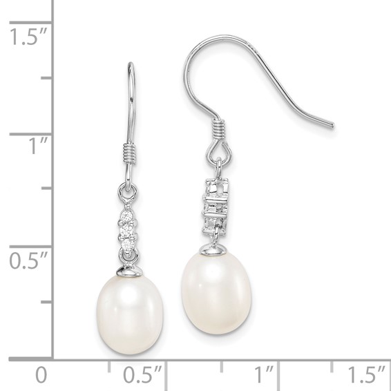 Sterling Silver Rhodium-plated 7-8mm White Teardrop Freshwater Cultured Pearl and CZ Dangle Earrings