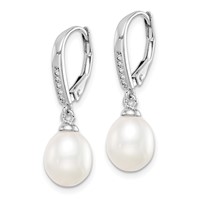 Sterling Silver Rhodium-plated 7-8mm White Teardrop Freshwater Cultured Pearl and CZ Leverback Dangle Earrings view 2