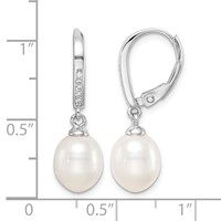 Sterling Silver Rhodium-plated 7-8mm White Teardrop Freshwater Cultured Pearl and CZ Leverback Dangle Earrings view 4